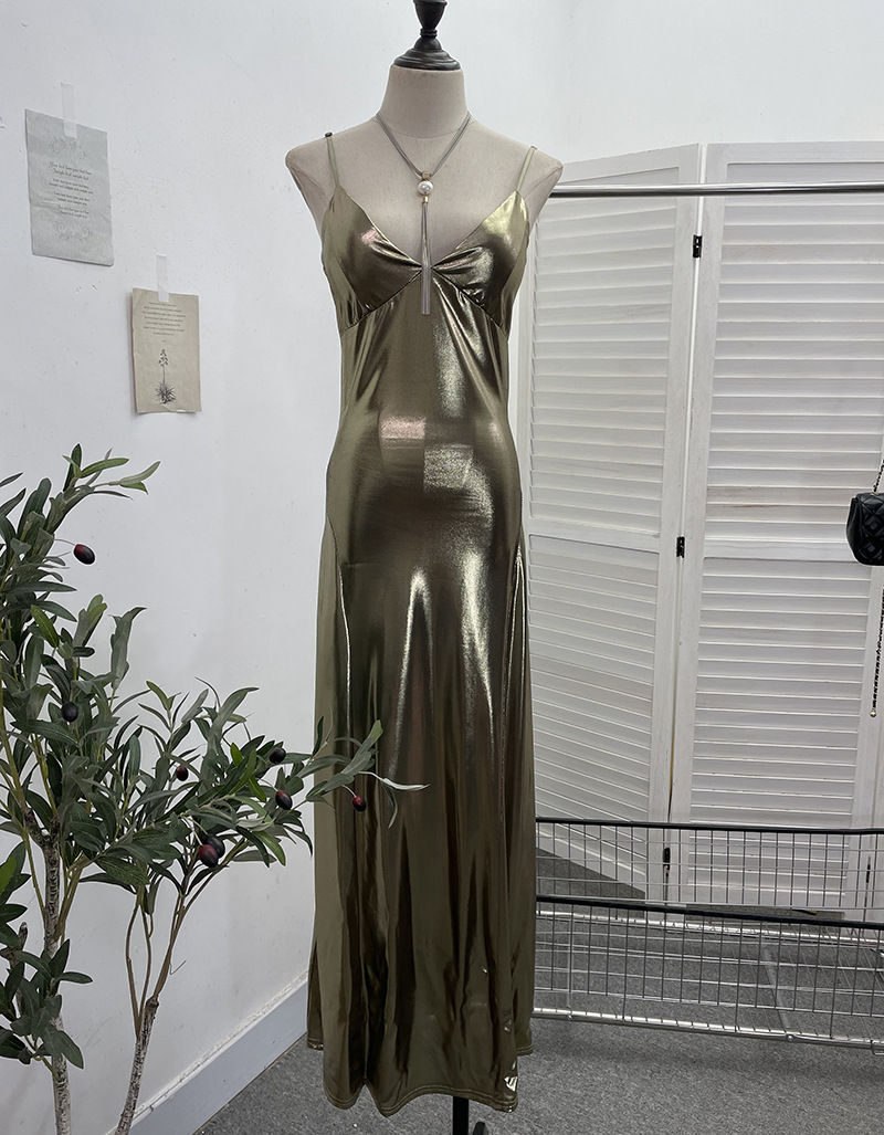 Sexy Liquid Metal Color Sling Dress with Chest Pad Dress
