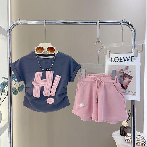 Girls' Short Set Cute Summer New Han Style Printed Casual Fashion Two-Piece Outfit for Older Children