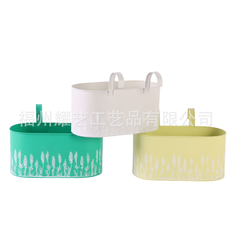 Iron Flower Pot with Hook with Stamping Lavender Pattern Back with Double Hook Iron Flower Pot Home Decorative Flower Pot