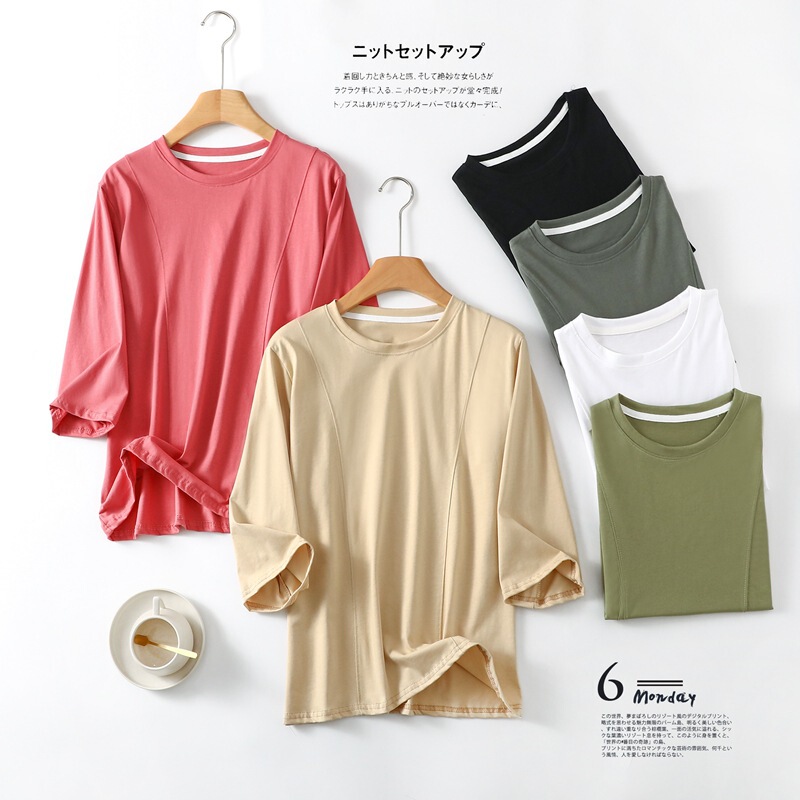 Short-sleeved T-shirt Women's Pure Cotton Summer New Style Design Niche Seven-point Sleeve Loose All-match Stitching Slim-fit Top
