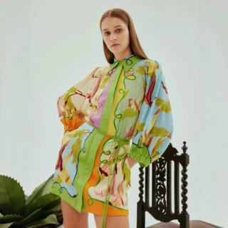欧美跨境2025新款亚马逊独立站休闲时尚风个性亚麻印花系带连衣裙