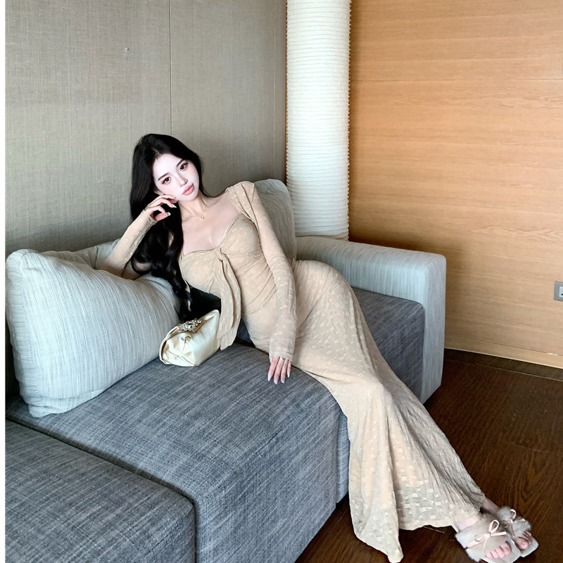 Pure Lust Style Strappy Suspender Dress Fishtail Skirt Women's Autum Casual Suit Long-Sleeved Cardigan Jacket Two-Piece Set