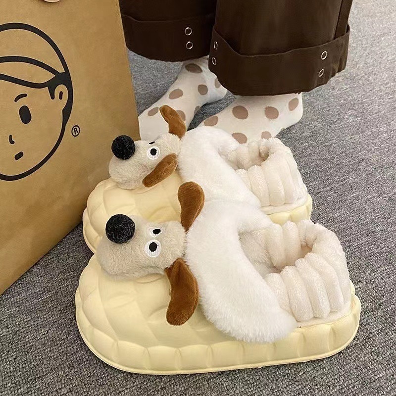 漫画の子犬の防水バッグと綿のスリッパの女性は家の室内で滑り止めの厚い底の毛を着て保温してかわいい綿の靴を着ます。|undefined