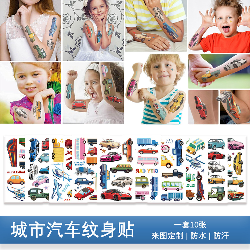 City Car Tattoo Stickers for Kids, Cartoon Boy Hand and Face Temporary Tattoo Sticker Set, Fun Decorative Graffiti