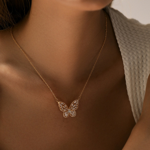 Butterfly Necklace High-end Hollow Design Elegant Clavicle Chain Copper Plated 18K Real Gold Chain O-Shape Fashionable Jewelry