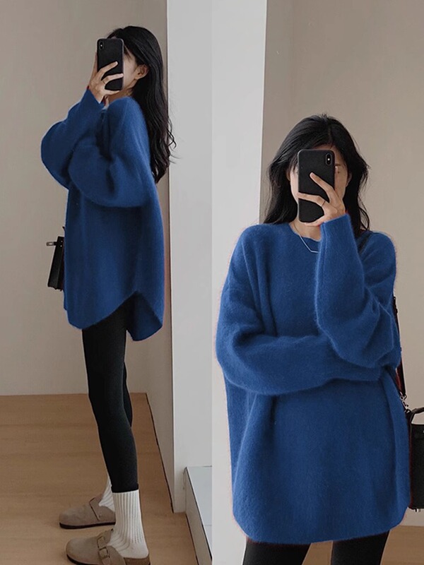 Blue Mid-Length Butt-Covering Knitwear, Lazy Style Winter Wear, Shark Pants Matchinging Top for Women