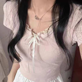 ins气质蝴蝶结蕾丝边修身短袖t恤女夏季韩版小清新短款上衣女批发