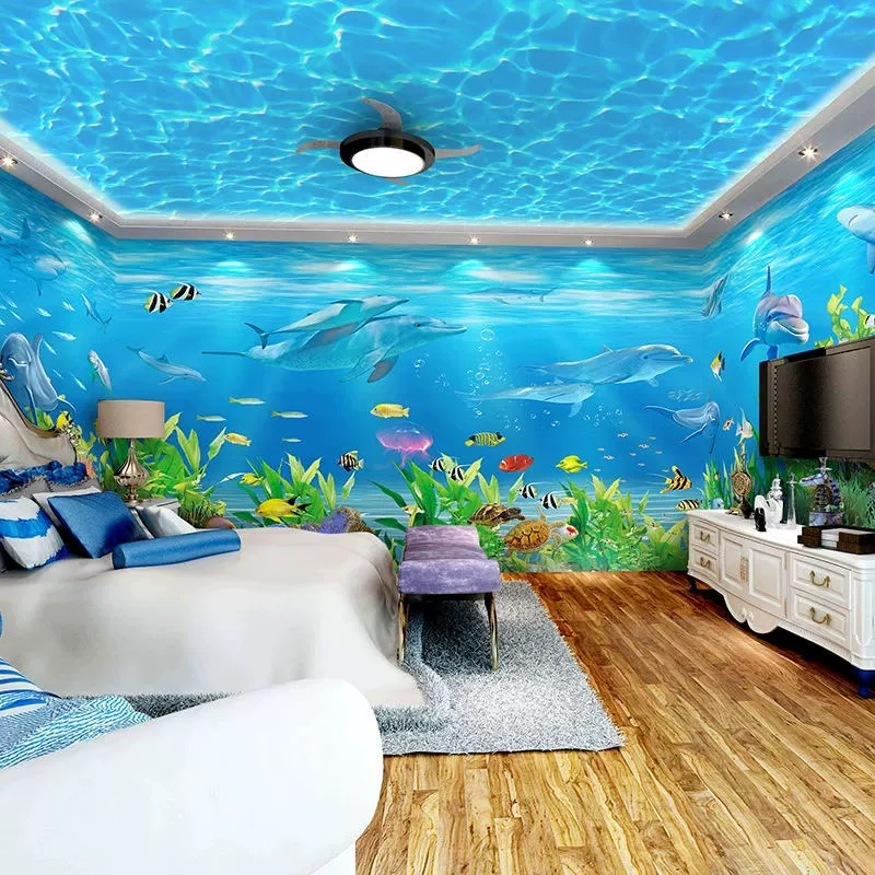 3D ocean mural wall wallpaper, custom pool & kids room backdrop, multiple material options