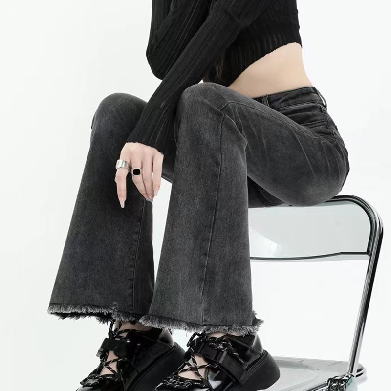 2025 New Spring Jeans Women's Gray Bleached Rag Design Slim-fit Stretch Slim Fit Trendy Flared Pants