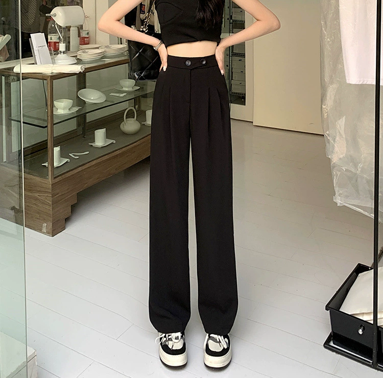 High-Waist Wide-Leg Trousers, Women's Korean Straight Fit, Loose Tailored Design, Black/Khaki/White