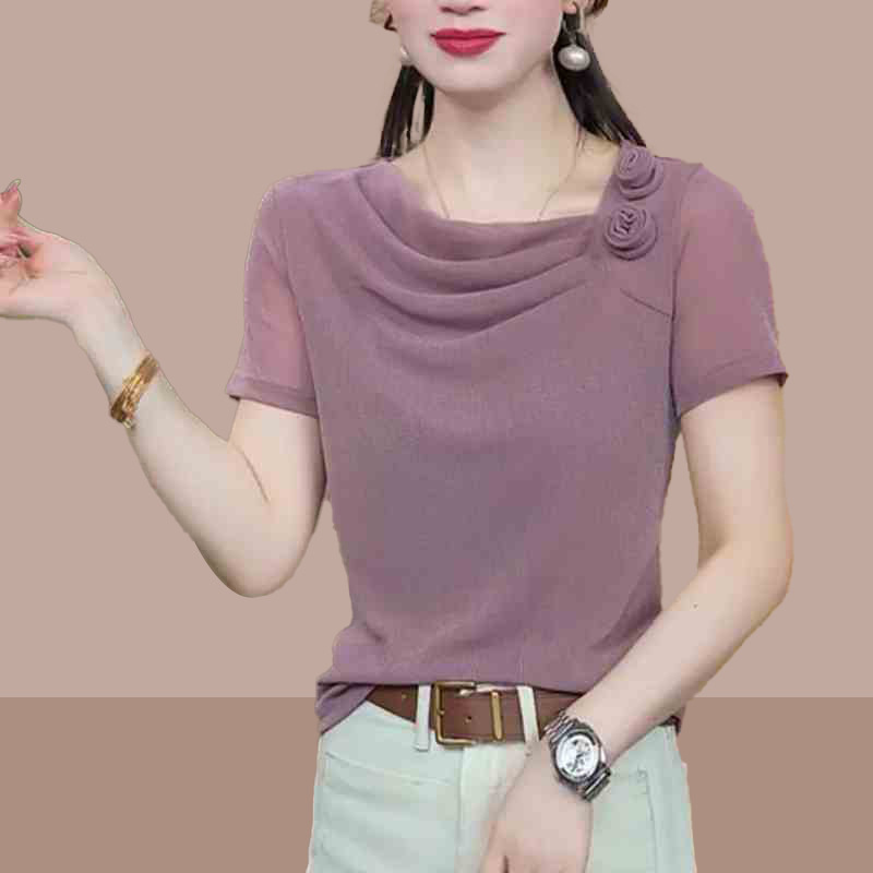 Shoulder Floral French-Style Ruched Collar Top for Women, New Summer Style for Moms, Stylish Shiny Silk Soft Gauze Short-Sleeve T-Shirt