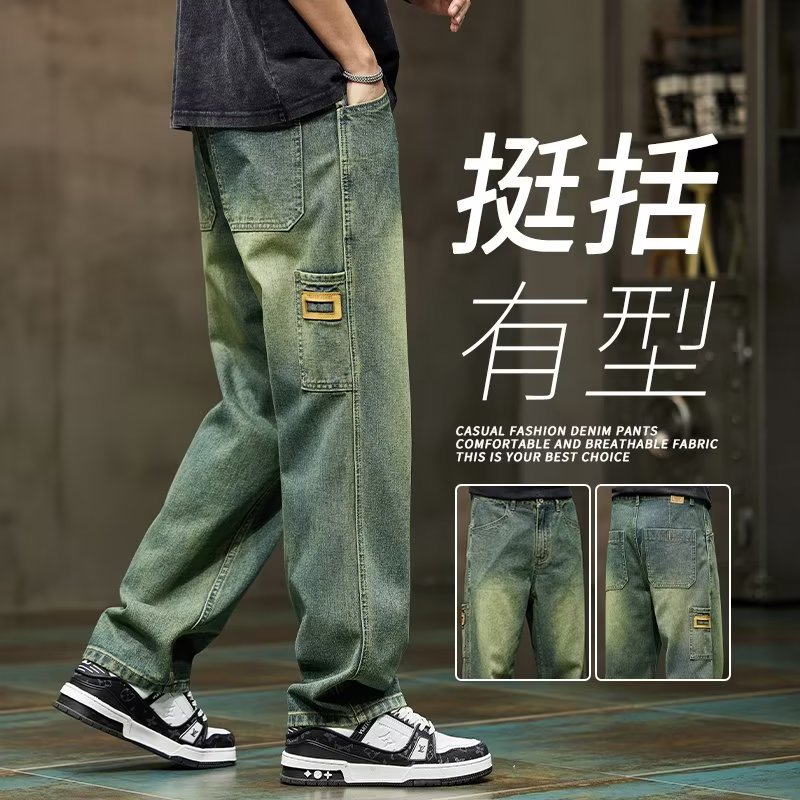 Pantalones vaqueros retro explosivos para hombres 2024 primavera y otoño nueva marca de moda American High Street Pantalones de pierna recta de todo fósforo