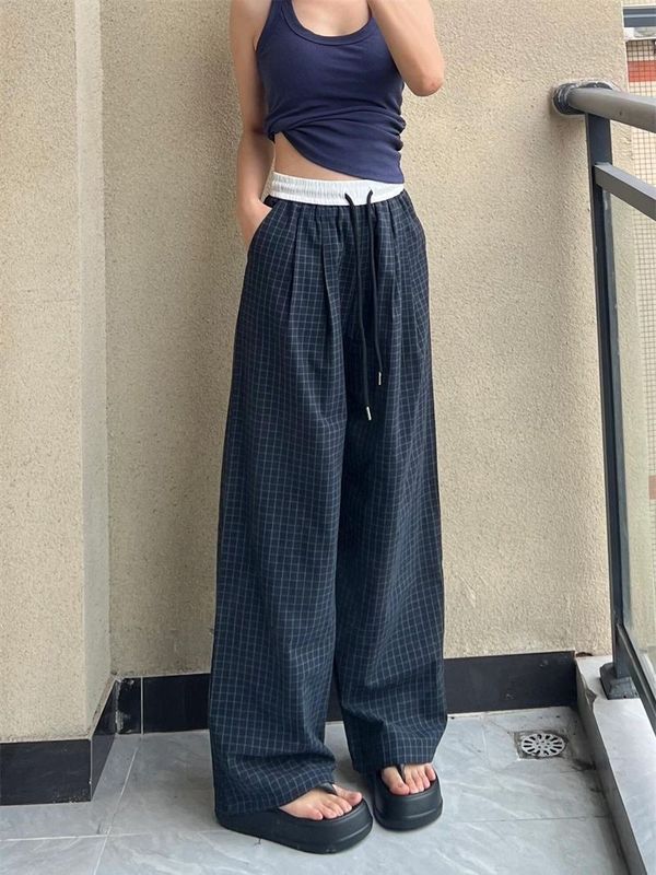 特大码240斤早秋慵懒松弛感格子裤子女休闲遛弯裤宽松垂感阔腿裤|undefined
