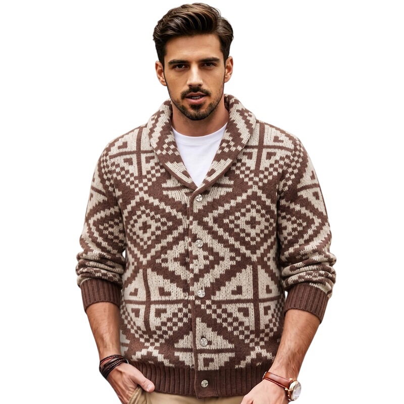 Cross-Border Men's Clothing American-Style Geometric Jacquard Knit Sweater Jacket Western Ethnic Style Thickened Cardigan Sweater for Men Sj0077