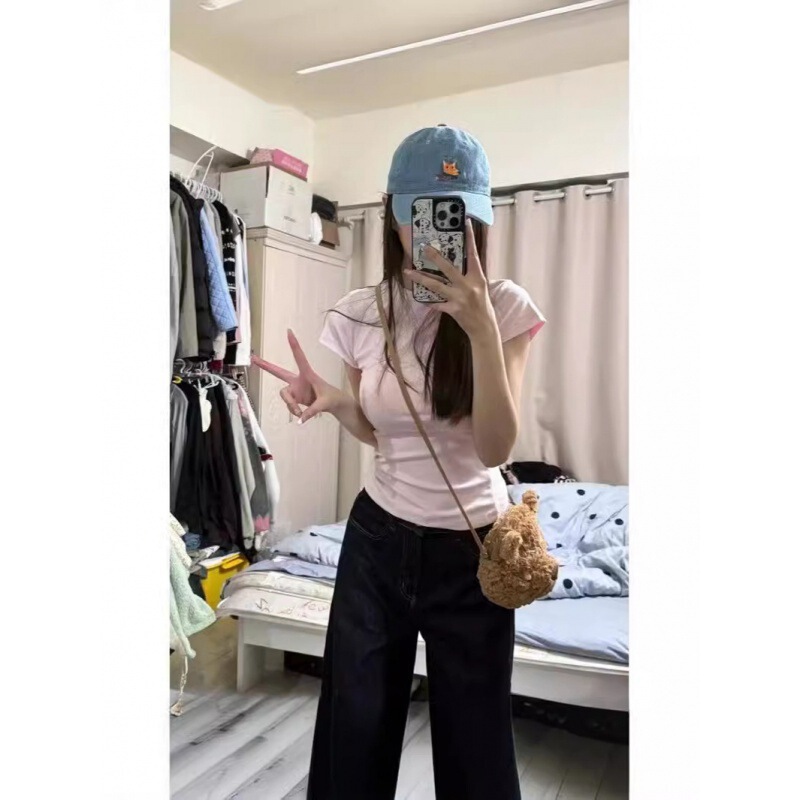 Miao Yi'an Fortune House Women's Same Style Pink Shoulder Short-Sleeved T-Shirt Women's Tight Body-Slimming Tight Waist Spice Girls Pure Want to Base