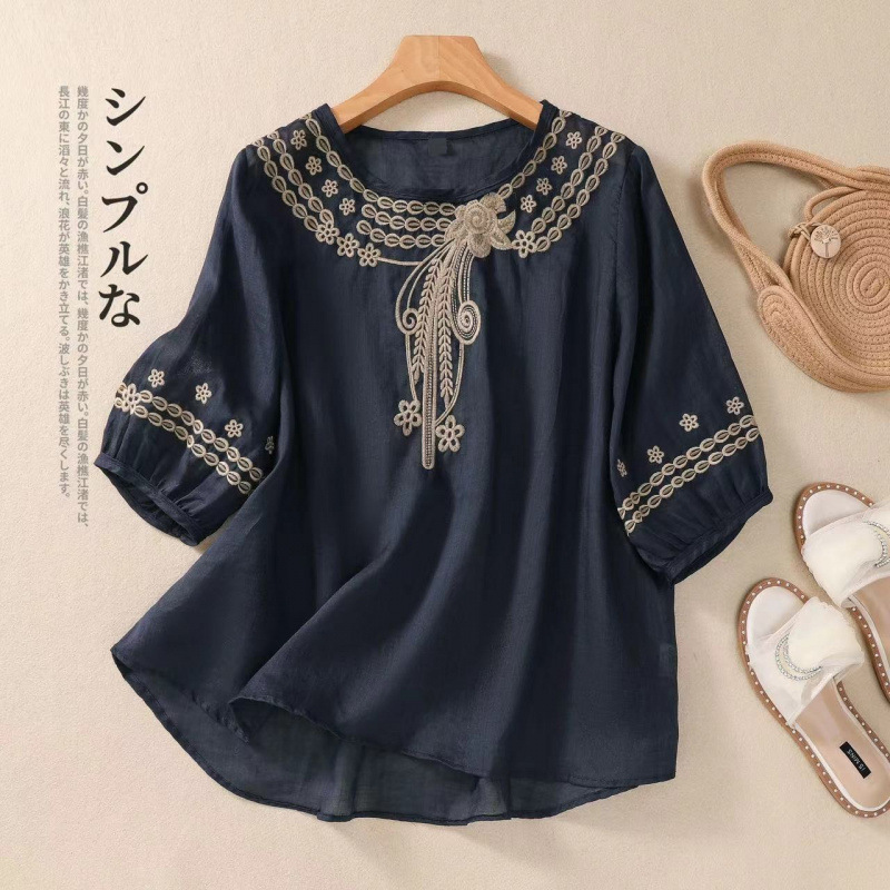 Cross-border temu Amazon Explosions Southeast Asia Vintage Cotton and Linen Embroidered Shirt Summer Half Sleeve T-shirt Top Cross-border temu Amazon Explosions Southeast Asia Vintage Cotton and Linen Embroidered Shirt Summer Half Sleeve T-shirt Top
