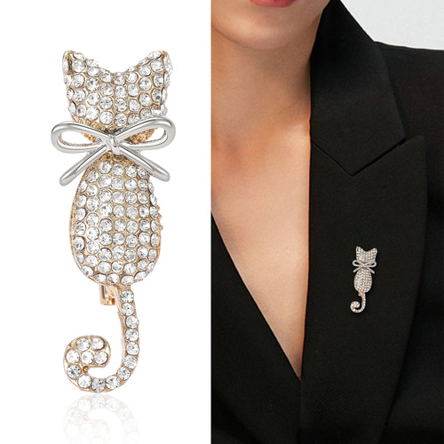 Korean style fashionable exquisite bow rhinestone cat brooch creative cute animal pin versatile clothing accessories
