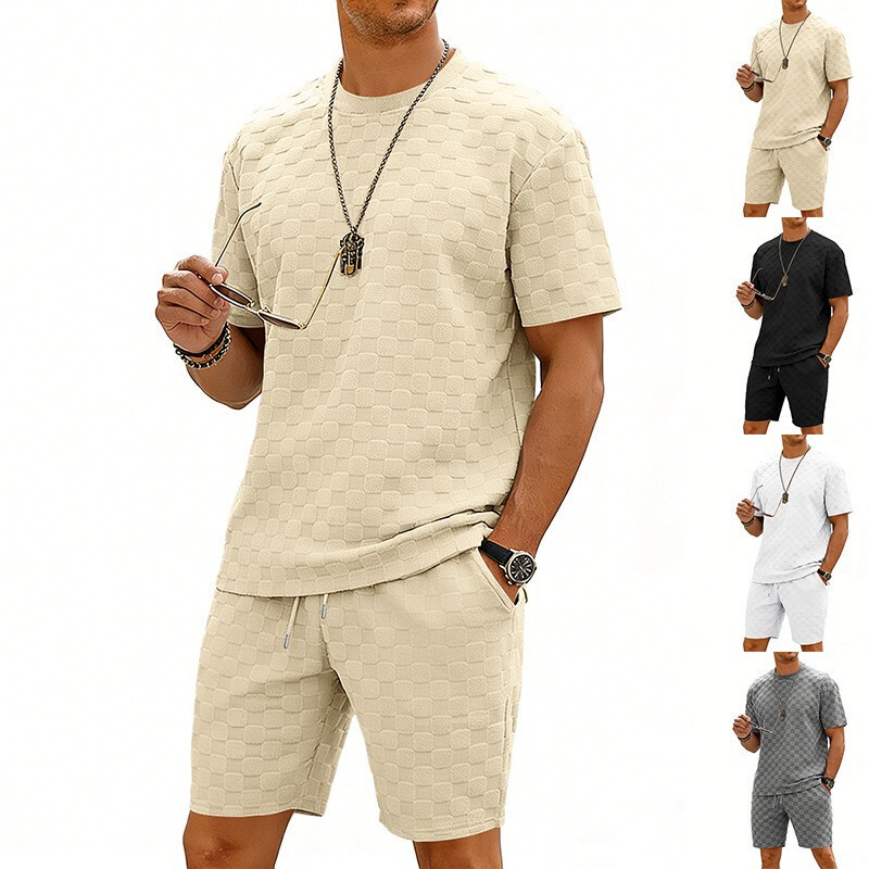 Cross-Border European and American 2026 New Summer Men's Sports Suit Jacquard Checkerboard Pattern Solid Color Short-Sleeve Shorts Set Cross-Border European and American 2026 New Summer Men's Sports Suit Jacquard Checkerboard Pattern Solid Color Short-Sleeve Shorts Set