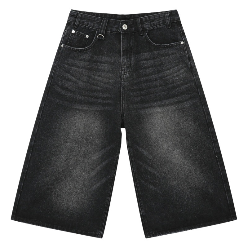 Nirben Denim | New American Style Black and Gray Large Hem Loose Denim Cropped Pants Korean Style Trendy Men's Wide Leg Pants
