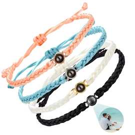 欧美跨境不锈钢手链100种语言我爱你定 制图片编织绳情侣手饰礼物