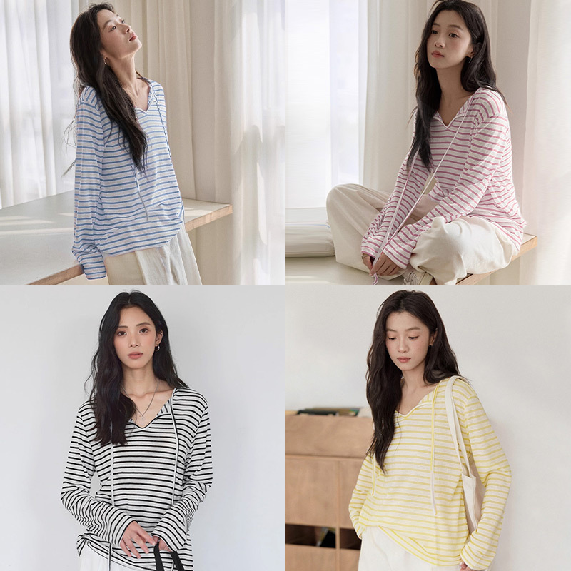 26 New Summer Style V-Neck Drawstring Long-Sleeved Stripesd T-Shirt, Loose and Lightweight Sun Protection Cover-Up, Lazy Style Korean Air-Conditioning Shirt 26 New Summer Style V-Neck Drawstring Long-Sleeved Stripesd T-Shirt, Loose and Lightweight Sun Protection Cover-Up, Lazy Style Korean Air-Conditioning Shirt