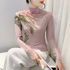 欧品女装2023秋ファッション洋気長袖高襟ネット糸tシャツ女性箔押し定位花底シャツ上着