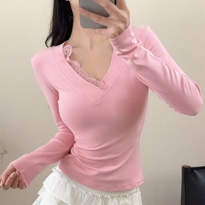 Pure Desire Style Deep V-Neck Lace Patchwork Long-Sleeve T-Shirt for Women, Slim-Fit Trendy Base Shirt, Solid Color Short Top