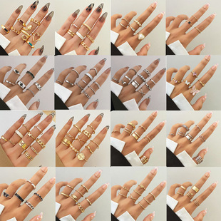 European and American Joint Rings Aliexpress Wish Retro Ethnic Style Exaggerated Gemstone Combination Set Ring