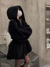 黑色羊羔毛外套女冬中长款连帽大衣宽松加厚羊剪绒仿皮草毛毛上衣