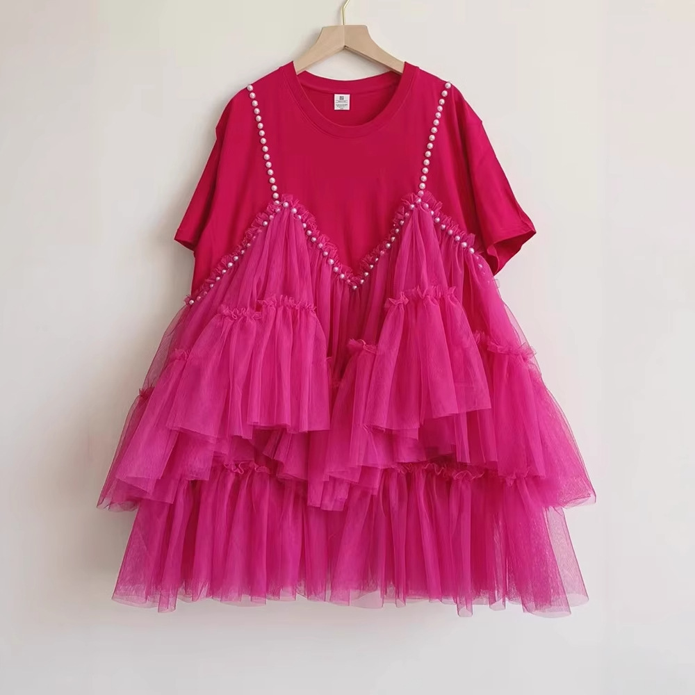 Beaded Color-Blocked Tutu Skirt Fake Two-Piece Cake Skirt Girl's Mesh Splicing Short-Sleeved Sweet Mini Dress Summer