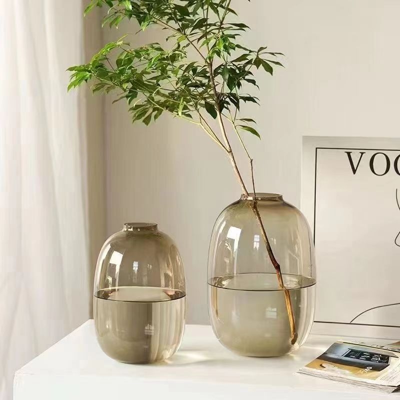 Glass Vase with a Light Luxury and High-End Feel, Large Belly Ornament for Flower Arrangement, Transparent Hanging Bell, Nandina Bamboo, Minimalist Entrance Decoration with Flowers