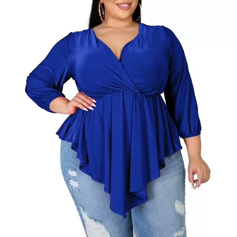 大码不规则下摆女士上衣 大码女士T恤 休闲通勤百搭绑带长袖上衣