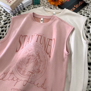 2025 Summer Wide Shoulder Sleeveless Vest Youth Hong Kong Style Trend American Retro Letter Suede Top