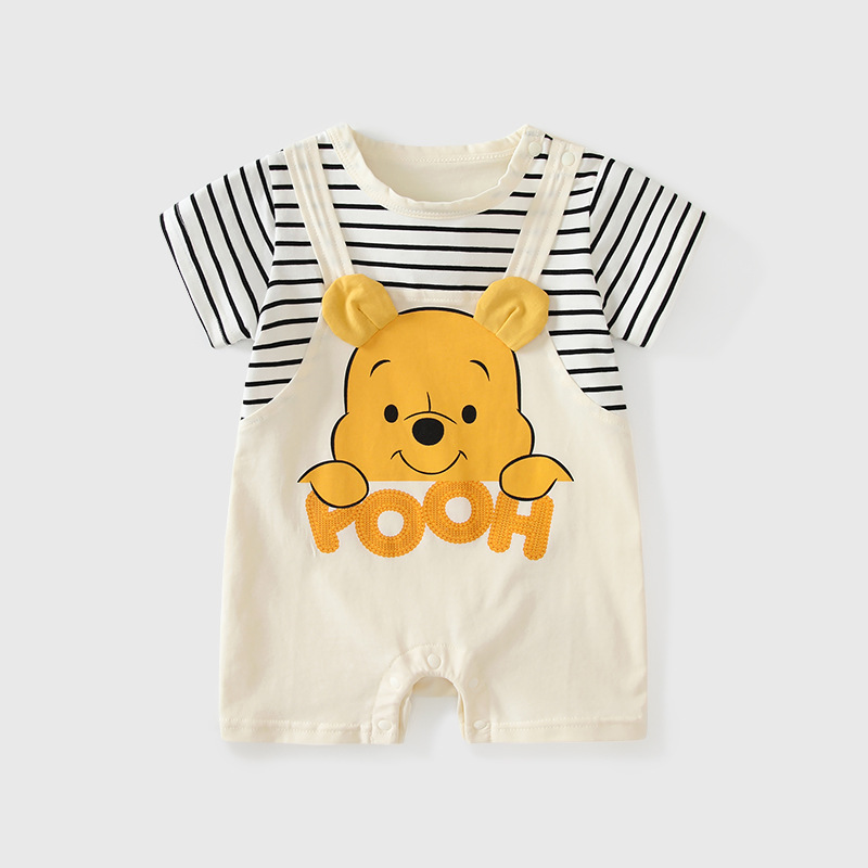 Summer Baby Two-Piece Romper, Striped Short-Sleeve Cartoon Bear Pattern Thin Romper for Boys and Girls