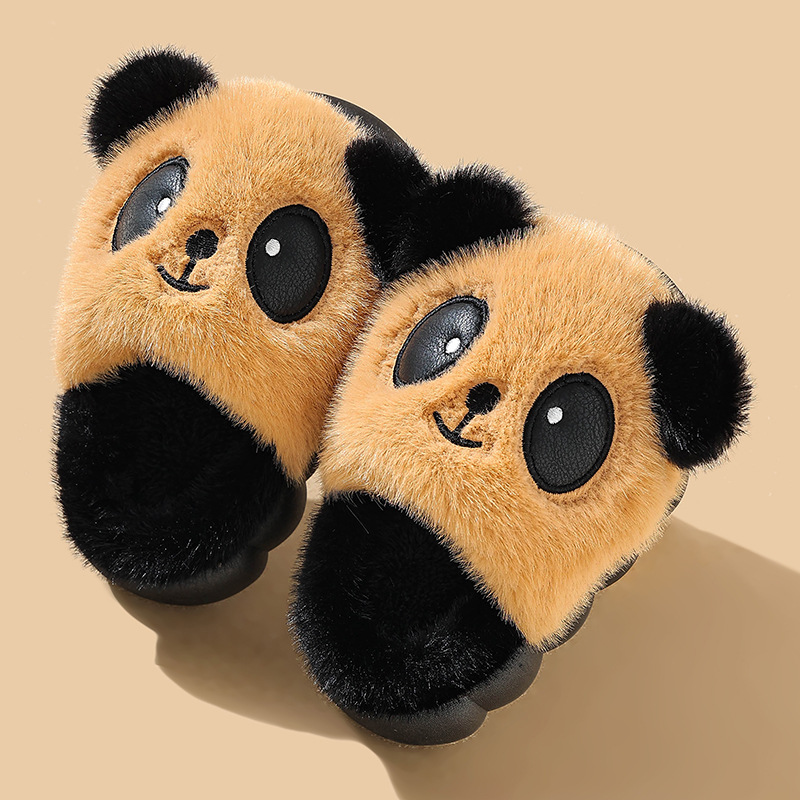 Zapatillas de algodón de invierno para niñas calentadas y peludas lindas para niños en casa, paternidad antideslizante para niños pequeños y medianos, panda de algodón