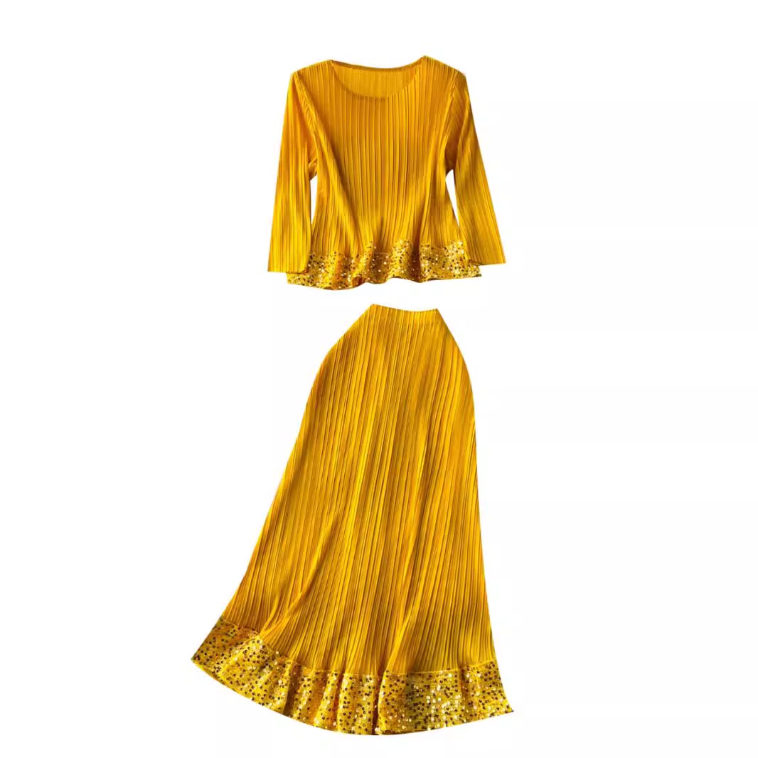 Women's high end stylish round neck three quarter sleeve sequin embroidered pleated top + high waist drape skirt suit_voghion.com