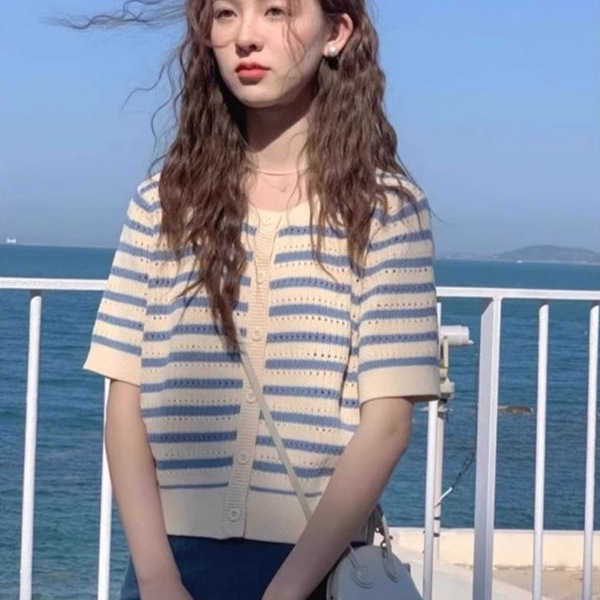 Blue Stripesd Ice Silk Knitwear Short-Sleeved T-Shirt for Women Summer 2025 New Thin Loose Cut Out Cardigan Top