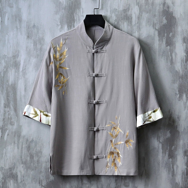 2025 Summer Short-Sleeved Shirt Men's Thin Chinese Style Men's Hanfu Embroidered Tea Suit Zhongshan Suit Tang Suit Half-Sleeved Trendy