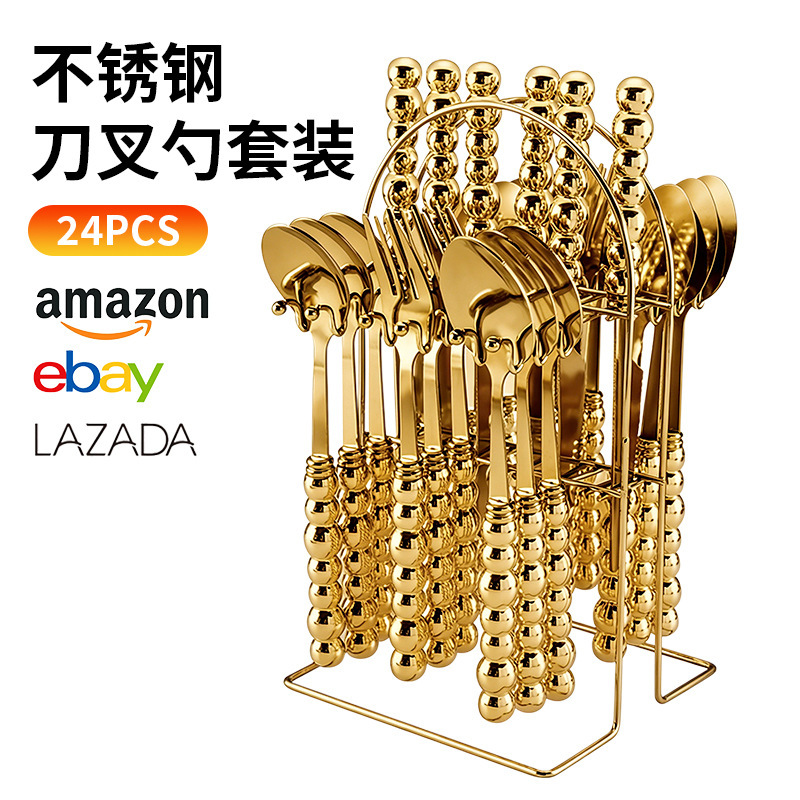 Cross-Border Amazon Stainless Steel Cutlery Gold-Colored Western-Style Knife and Fork 24-Piece Gift Box Set with Knife Holder Pvc Box Set Cross-Border Amazon Stainless Steel Cutlery Gold-Colored Western-Style Knife and Fork 24-Piece Gift Box Set with Knife Holder Pvc Box Set