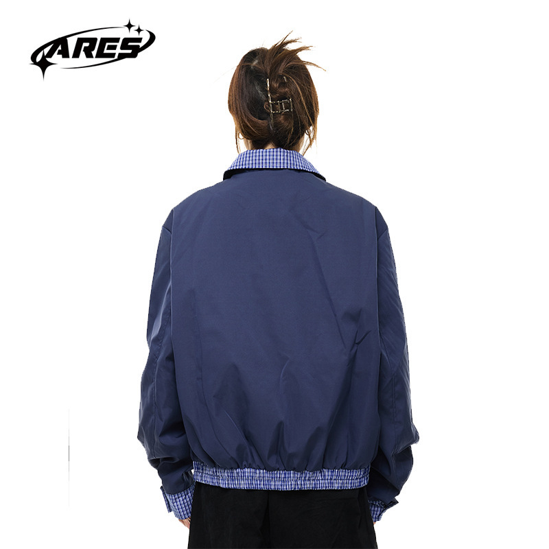 ARES学院风小狗植绒刺绣格子拼接翻领男女夹克秋季宽松外套|undefined