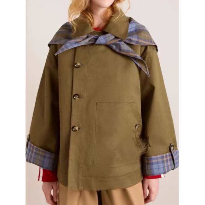 Vintage Plaid New Women's Embroidered Jacket with Navy Collar, Patchwork Double-Sided Plaid, Trendy Casual Foreign Trade Style