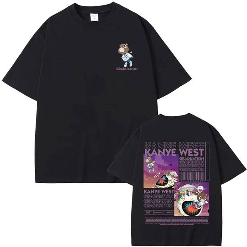 Pure Cotton Rapper Kanye West Graduation Bear Double-Sided Printed T-Shirt Casual Stripesd Straight Type Ready Stock