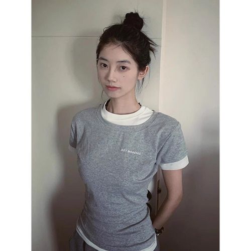 Women's Sweet and Spicy Collared Short-Sleeve T-Shirt with Contrast Color and Front Print, 260g Modal/Cotton Blend