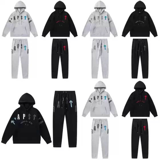 Foreign trade Trapstar new rainbow color matching letter embroidery fleece-lined loose hooded sweater casual trousers suit