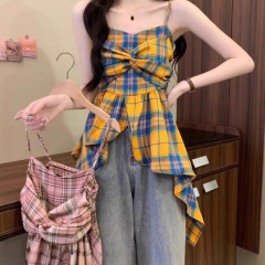 ドーパミン衝突色系格子不規則キャミソール女装夏デザイン感小衆修身甘辛い上着