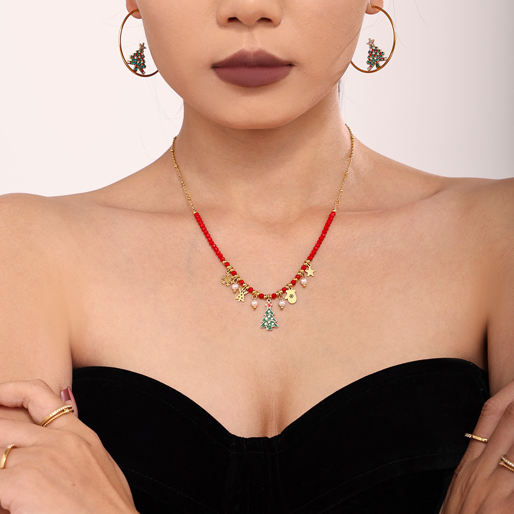 Acero inoxidable 18K oro real de Navidad de moda ligera lujosa esmalte de diamante collar conjunto de pendientes