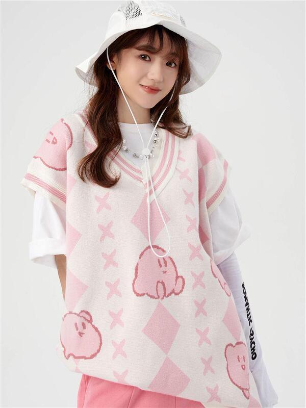 2023 New Star Kabi Jacquard Knitted Vest Women's Pink Loose Loose All-match Stacked Sweater Autumn and Winter