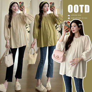 in stock 2025 Early Spring New Pregnant Women's Top Pregnant Mother Fresh Round Neck Breastfeeding Lantern Sleeve Pregnant Women's Shirt
