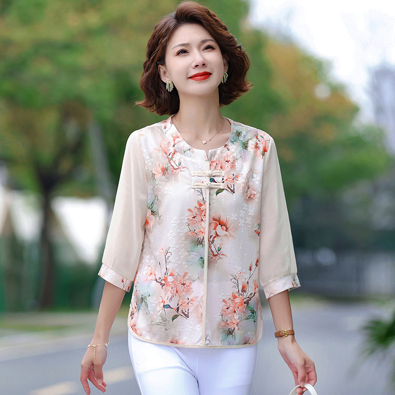 Dropshipping New Chinese Style National Style Mom Tops Fashionable Shirts Short-Sleeved Round Neck Shirts with Buttons