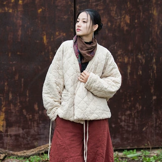 （定制）26冬棉麻夹棉绗缝保暖棉服文艺随性禅意风菱格女式短棉衣
